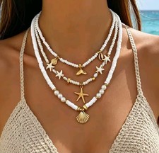 beach boho white pearl beaded multi layered necklace gold tone star charm