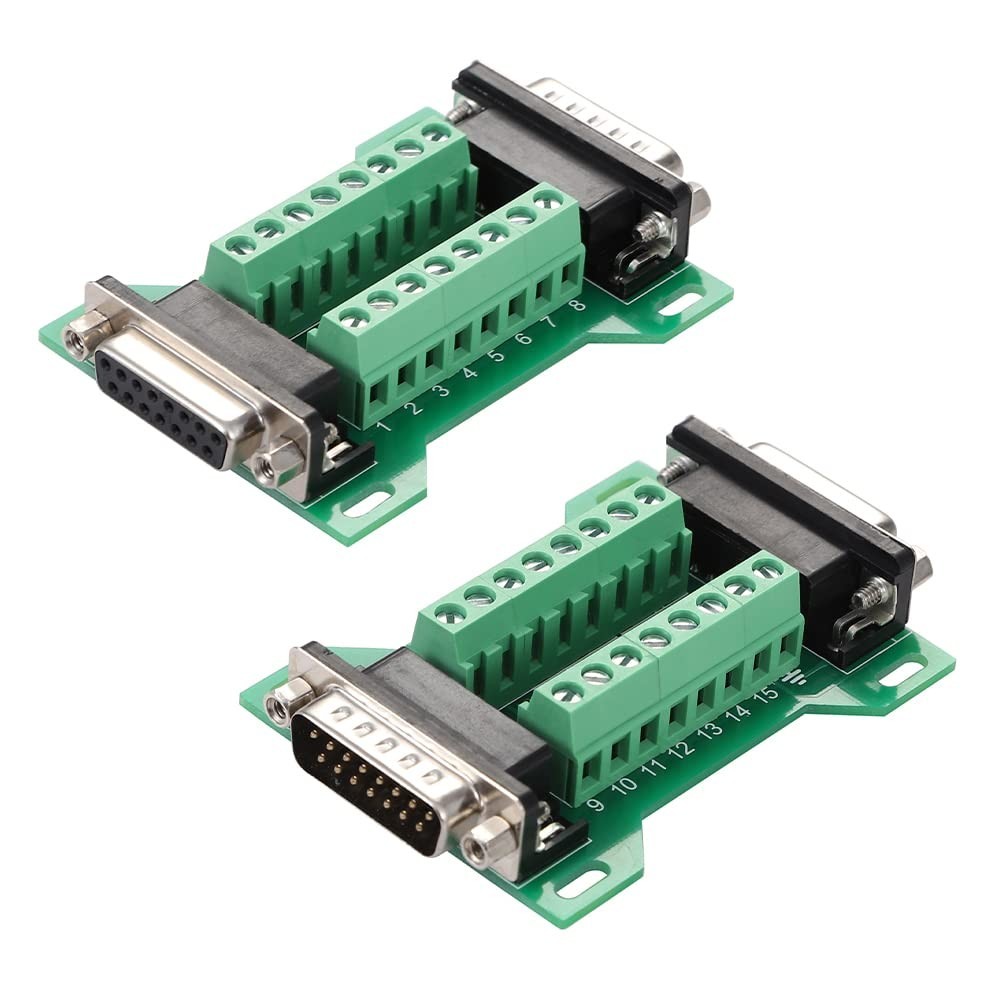 2Pcs DB15 Male to Female Breakout Board, RS232 D-SUB Serial Connector, 15pin Ter