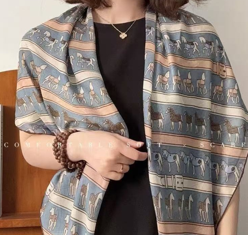 100% Silk Mulberry Shawl Scarf 108x108cm Striped Horse Print Bandana