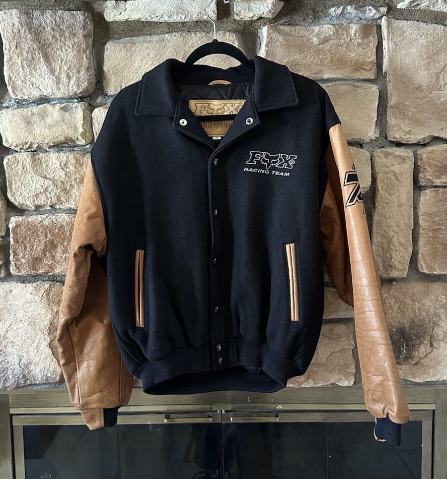 VTG 90s FOX Racing Leather Letterman Jacket Brown Black