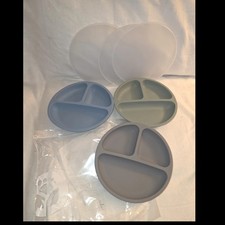 WeeSprout Silicone Divided Suction 3 Plates Lids Blue Green Gray Babies Toddlers