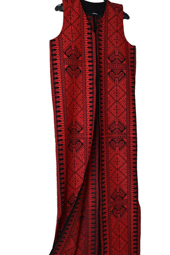 Traditional Red Tatreez Open Abaya Kimono -Embroidered Sleeveless Thobe Vest