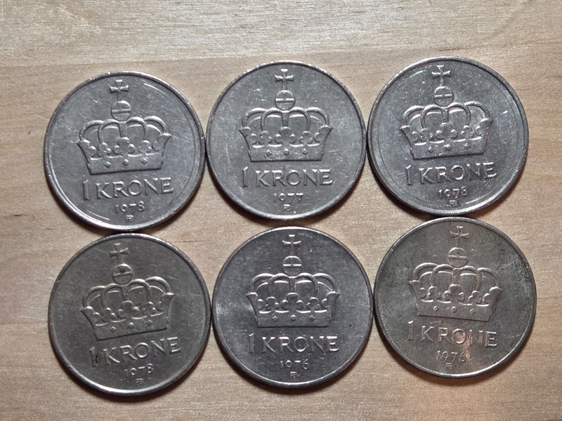 Norway 1-Krone coins, lot of 6, 1976-1978. KM# 419, copper-nickel. King Olav V.