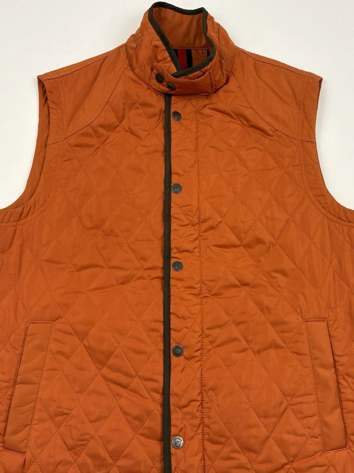 Cremieux Orange/Forest Green Trim Quilted Hunting/Equestrian Zip/Snap Vest Sz L