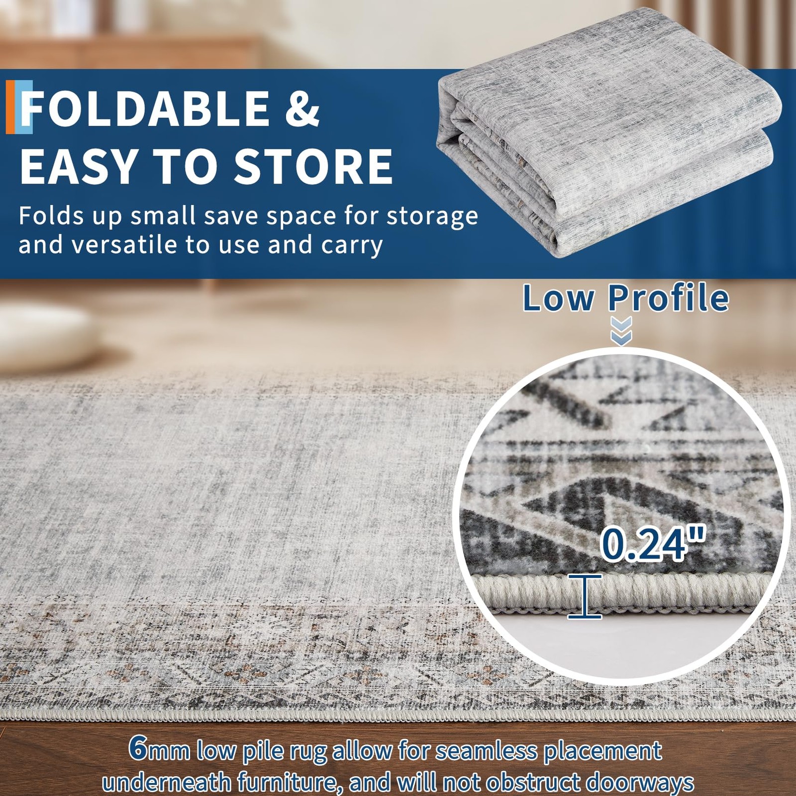 5x7 Washable Area Rug for Living Room Vintage Border Rug Stain Resistant Dini...