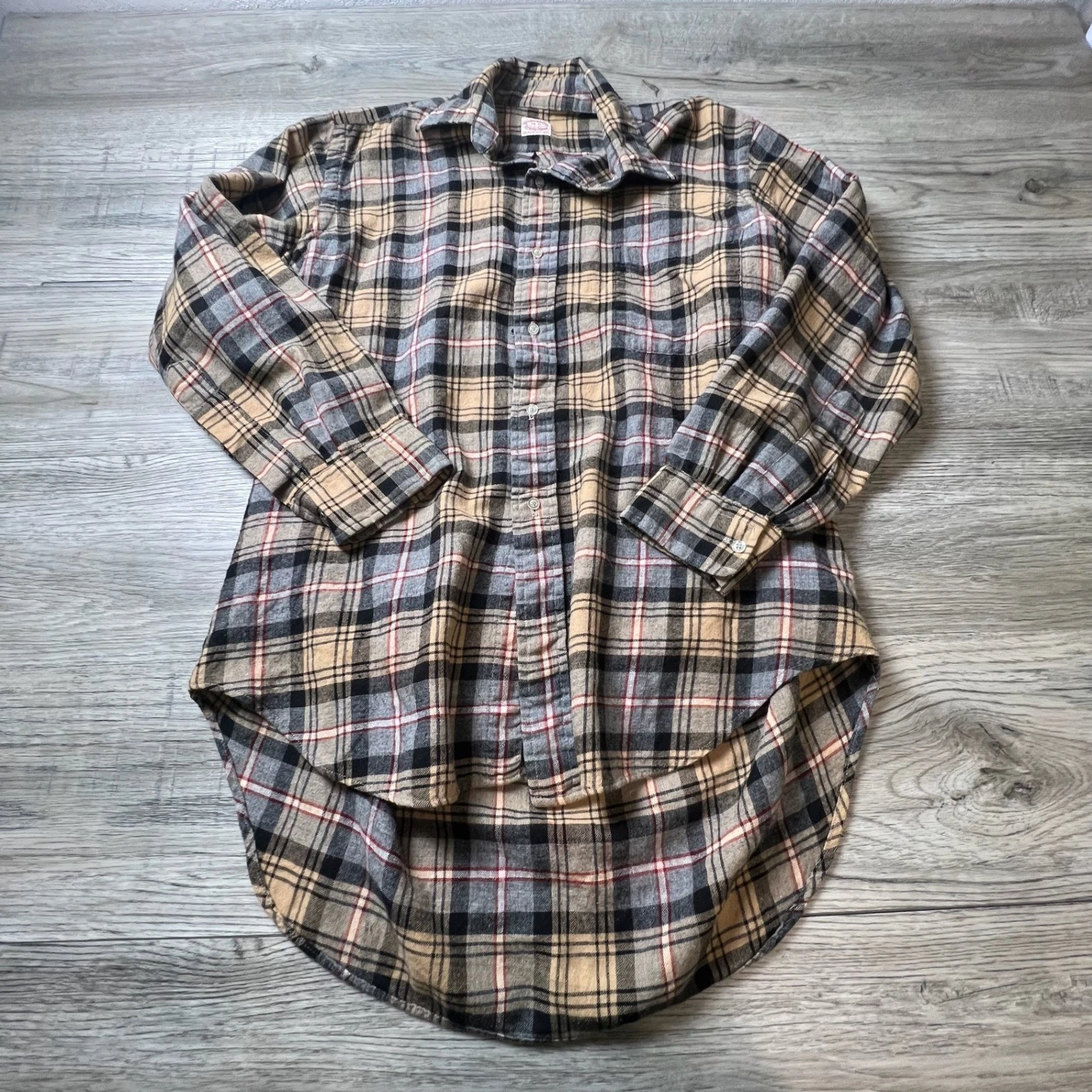 Brooks Brothers Flannel Shirt Mens 16-R Tan Plaid Wool Cotton Blend Button Down