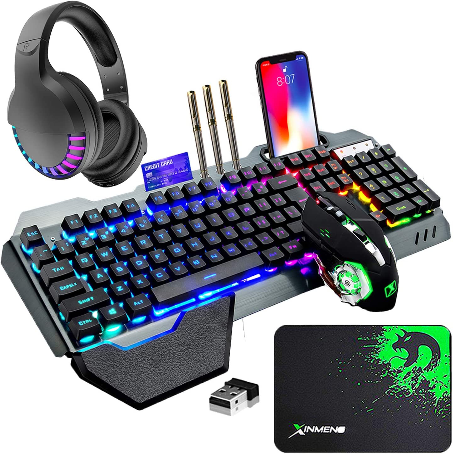 Wireless Gaming Keyboard Mouse Bluetooth Headset Kit with 16 RGB Backlit Recharg