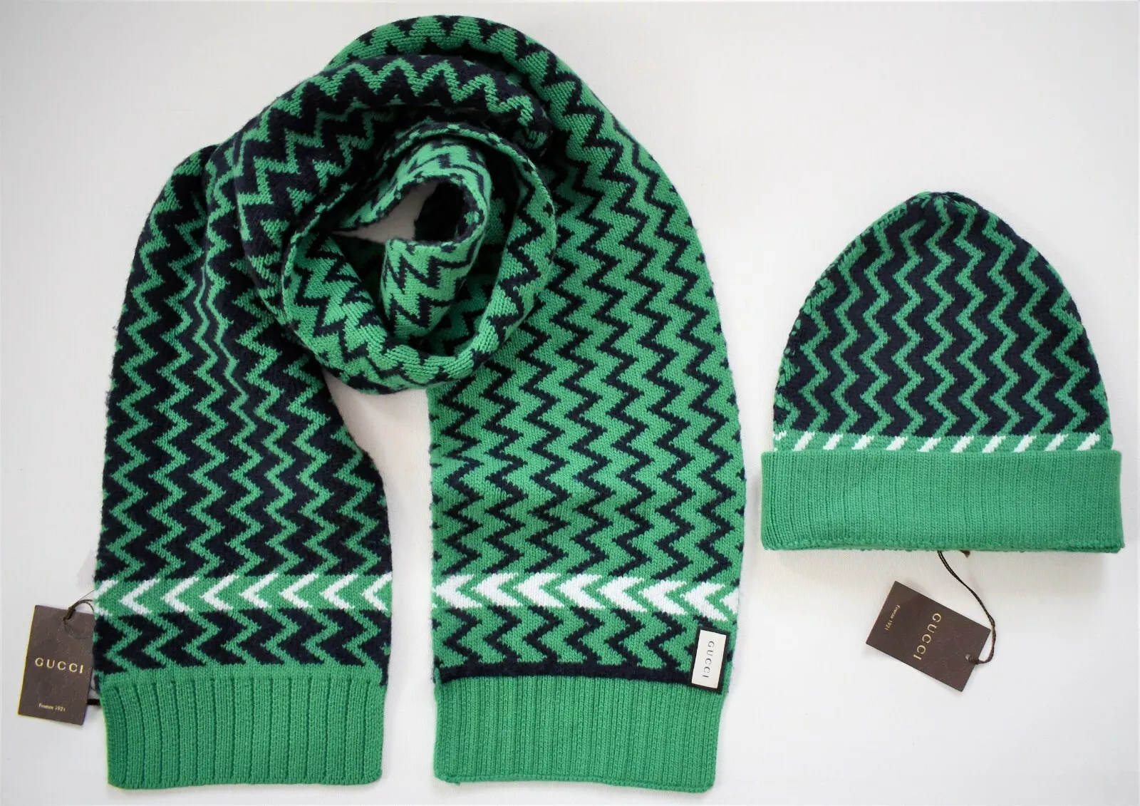 ️ Authentique écharpe tricotée GUCCI vert marine en zigzag 100 % laine + chapeau bonnet ensemble m 