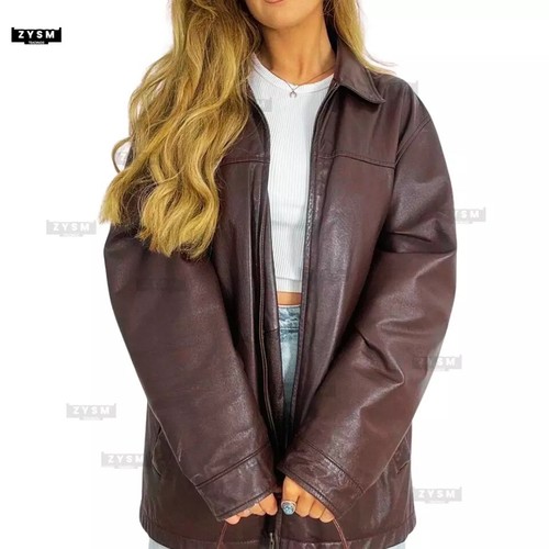 Women’s Brown Oversized Long Leather Blazer Relaxed Fit Stylish and Durable - Picture 10 of 14