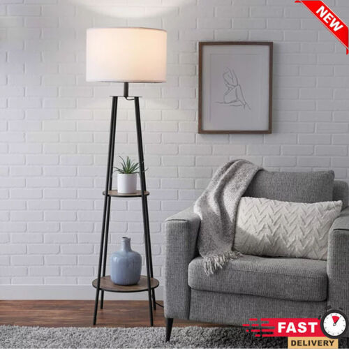 Modern Tripod Floor Lamp with 2-Tier Storage Shelves for Living Room, Black