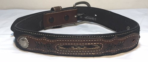 Nocona Western Boys Belt Youth Brown/Black Leather Fabric Inset Missing 1 Concho - Picture 2 of 6