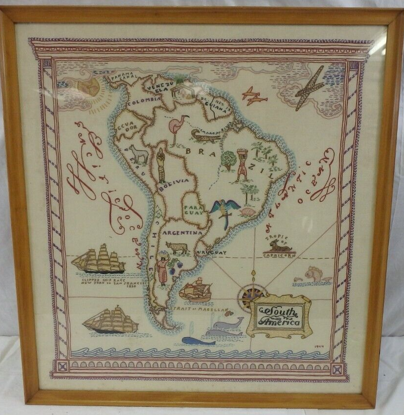RARE LARGE ANTIQUE 1940'S PICTORIAL EMBROIDERY SOUTH AMERICA MAP