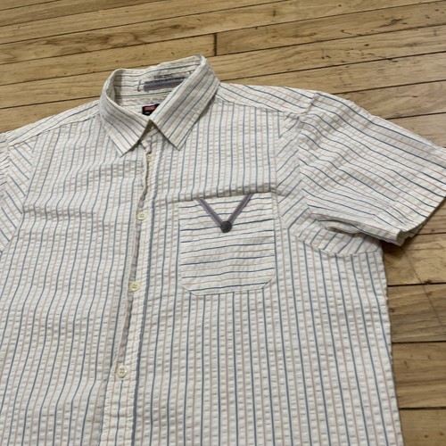 DIESEL Shirt Men L Seersucker White Preppy Red Blue American Stripe Button Camp - Picture 16 of 24