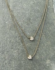 2-Strand Necklace with 2 Tiny Heart-Shaped Pendants Filled W/Crystal Gold Tone