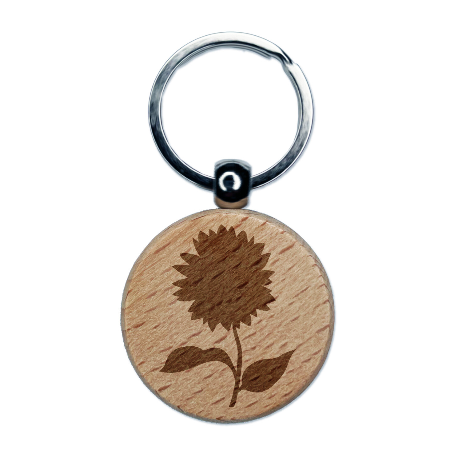 Sunflower Solid Engraved Wood Round Keychain Tag Charm