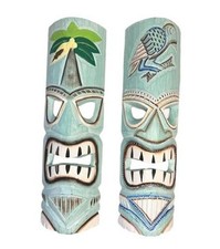 Set of 2 Large Aqua Teal Tiki Head Mask Unique Hand Carved Wall Hanging