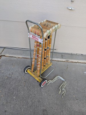 Vintage Wards Hawthorne Wood Croquet Set with Caddy Stand