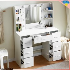 Vanity Desk with Mirror LED Lights, 7 Drawers Makeup Table with Storage Shelf