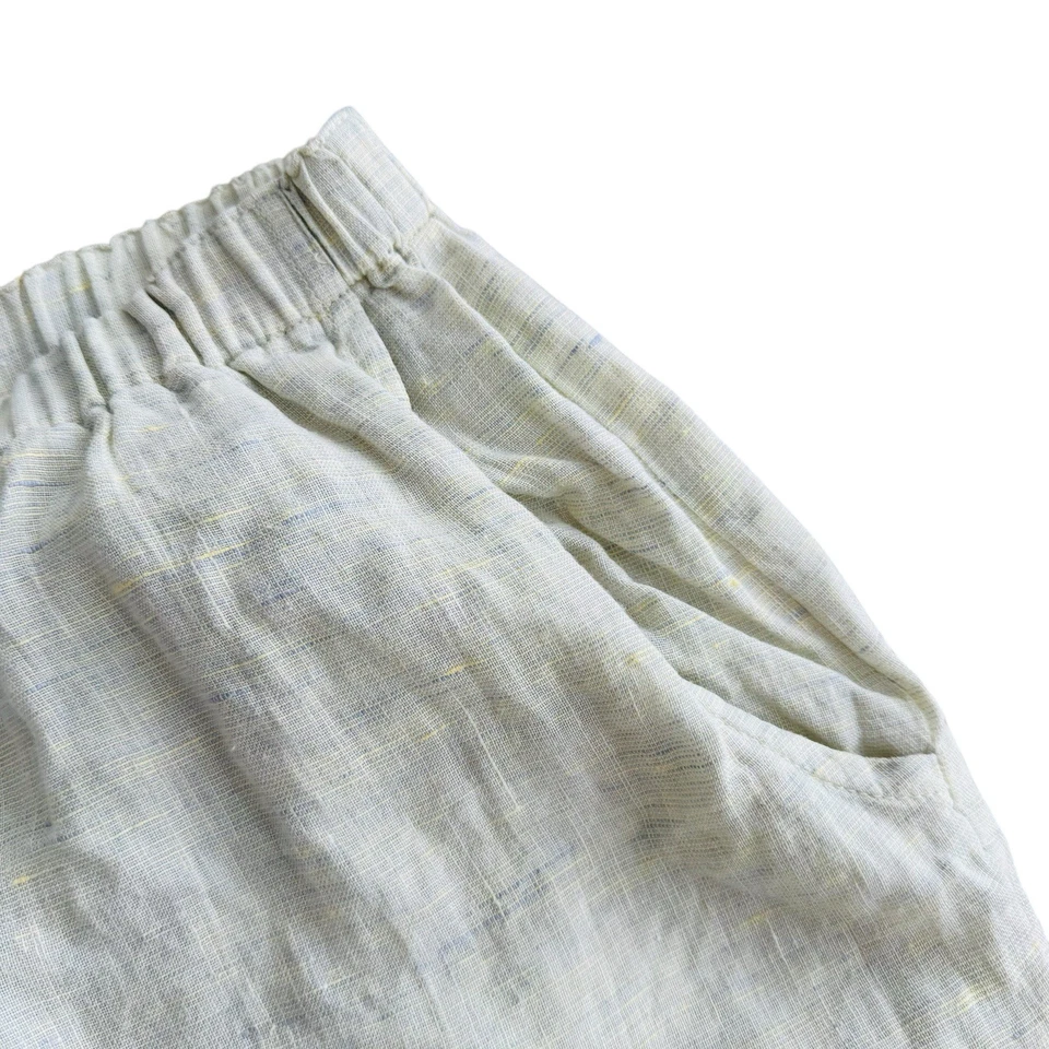 Pantalón corto de lino de pierna ancha para mujer talla P 4/6 cintura elástica texturizada azul amarillo Foto 3 de 4