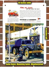Metal Sign - 1946 Autocar Tanker Trucks Hauling Sunoco Gas - 10x14 inches