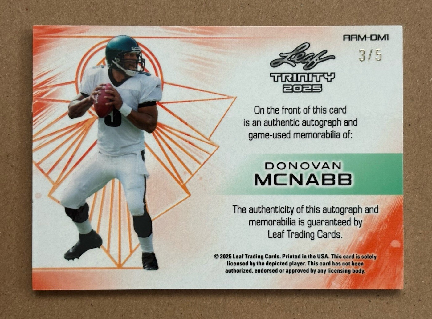Donovan McNabb Auto /5 Retro Game Used Relic Patch - 2025 Leaf Trinity Football view 2