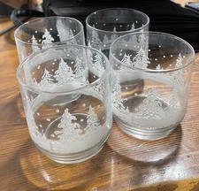 Culver Double Old Fashion Glasses Stenciled Fir Trees Snow 14 Ounces Set of 4