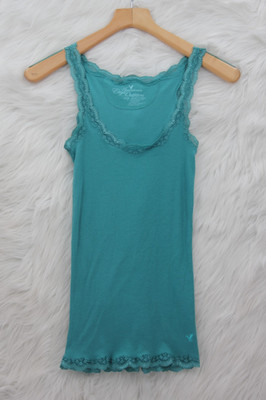 American Eagle Womens Fitted XS Blue Ribbed Lace Trim Y2K Bella Fairy Coquette