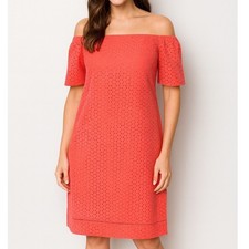 LAUREN Ralph Lauren Coral Eyelet Off Shoulder Shift Dress 2 100% Cotton Summer