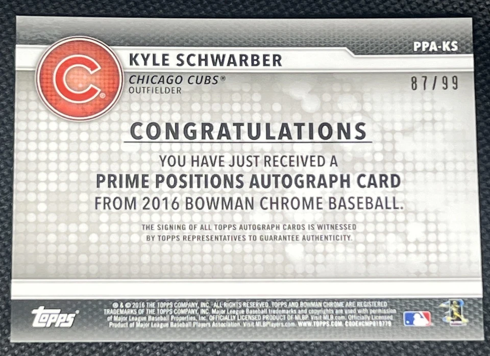 Tarjeta de radiocontrol Kyle Schwarber Bowman cromada PRIME refractor verde automática/99 Foto 2 de 2