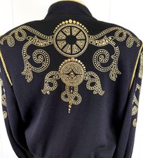 Beautiful St.John knit zip jacket black gold paillettes size 8