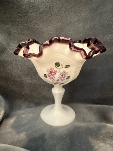 Fenton Lilac Plum Crest on Milk Glass Compote Hand Painted Artist Signed 6.5”