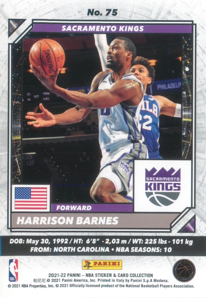 Harrison Barnes 2021-22 Panini Sticker & Card Collection NBA Card #75 Kings NBA - Image 2 of 4