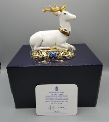 Royal Crown Derby Briefbeschwerer 60229 White Hart Stag Gold Stopper Mint Boxed coa
