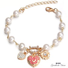 BRACCIALE BRACCIALETTO METALLO ORO PERLE CIONDOLI STRASS REGOLABILE DONNA
