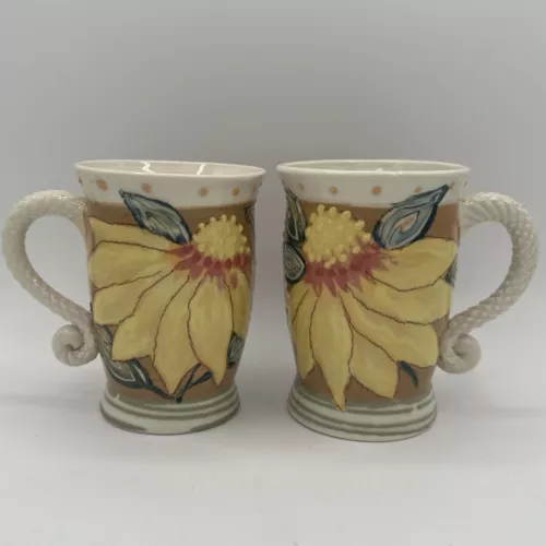 2 Hand Painted Studio Art Pottery Mug Signed By Artist Pair Of Dot Flower