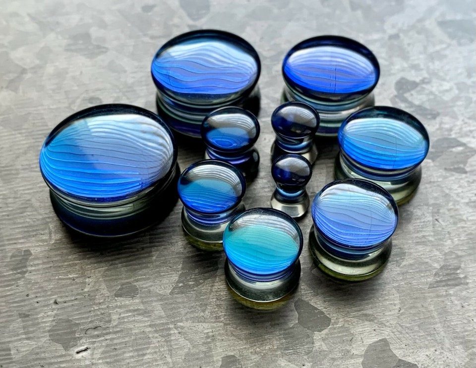 PAIR Midnight Moonstone Iridescent Glass Double Flare Plugs Gauges Body Jewelry - Foto 6