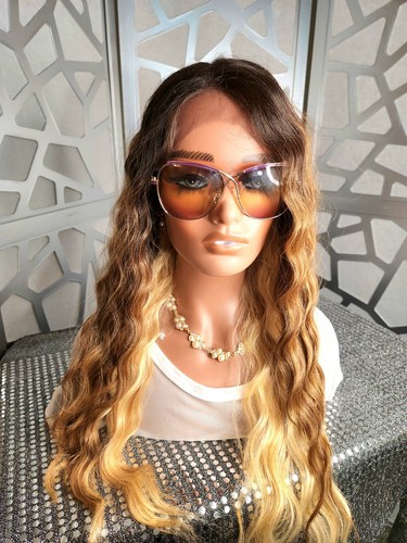 Wavy Blonde Wig Lace Front Wig Curly Wig Ombre Highlights Human Hair Blend Heat - Picture 8 of 8