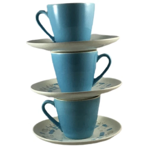 VINTAGE MCM RETRO Blue Heaven Royal China 3 Coffee Cups and 3 Saucers