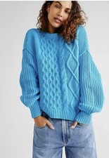 Free People Dream Cable Knit Pullover Sweater Crewneck Oversized Blue Medium