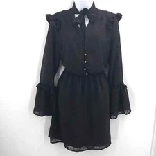 Luna Chix Bell Sleeve Swiss Dot Knee Dress Button Up Black Large Country Cowgirl