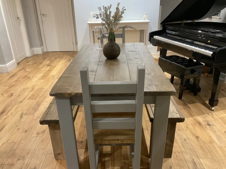 Farmhouse Style, Rustic Dining Table, 2 Chunky Chairs and 2 Benches - Image 2 of 4