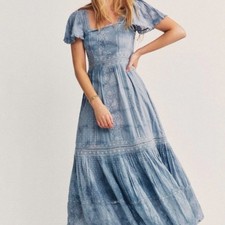 LoveShackFancy Norma Dress Washed Denim Blue size 0 $595 NWT's Embroidered