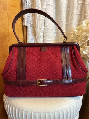 VTG MCM Saks Fifth Ave Red Tweed Wool & Burgundy Leather Satchel Italy Excellent