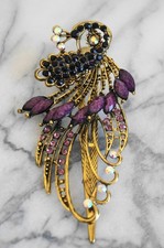 Vintage Style Multicolor Rhinestone Peacock Barrette Hair Clip Gold Tone
