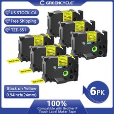 6x 24mm Black / Yellow TZE TZ-651 Label Tape Compatible For Brother PT-7500 7600