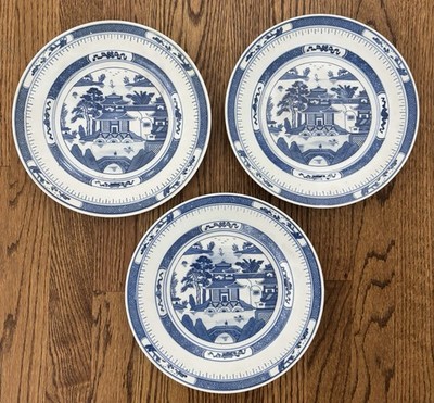 Set Of Three Vintage Or Vintage Blue And White Chinoiserie Canton Plates 10 