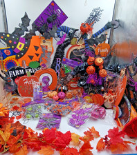Large Halloween Fall Decor Lot 7 lbs Signs Wreath Picks Hats Pumpkins Crafts