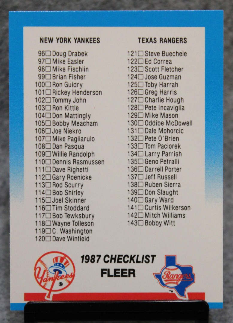 1987 Fleer Glossy Checklist #655 Yankees Rangers Tigers Phillies