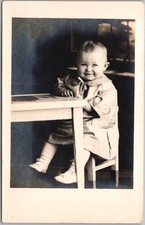 Vintage 1930s Real Photo RPPC Postcard - Happy Baby at His Own Cute Little Table
