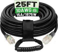 25 Ft 10AWG Black Outdoor Extension Cord Waterproof Heavy Duty 10 Gauge 3 Prong,